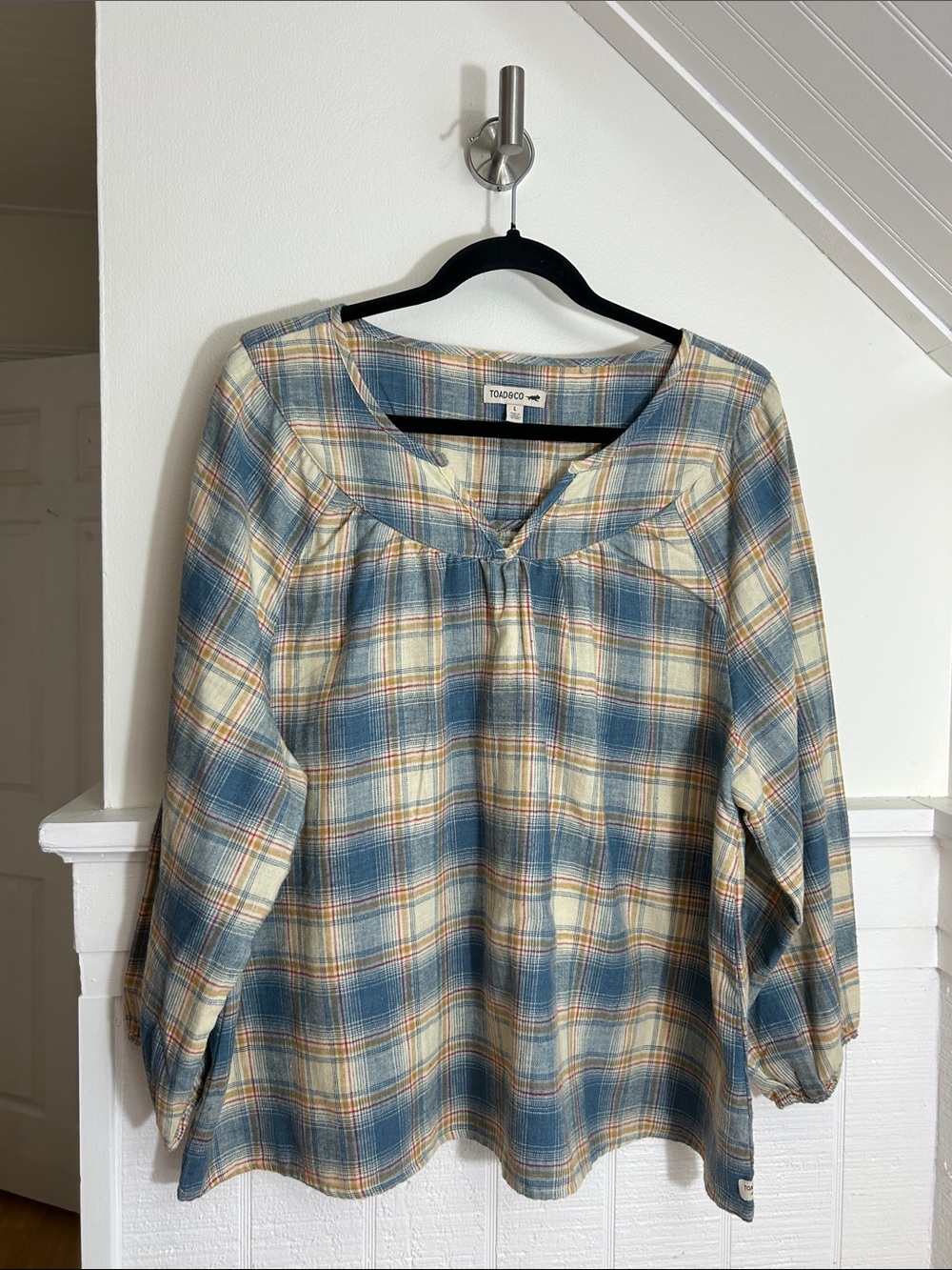 Toad&Co Blue and Cream Plaid Peasant Tunic size Large - Picture 2 of 8